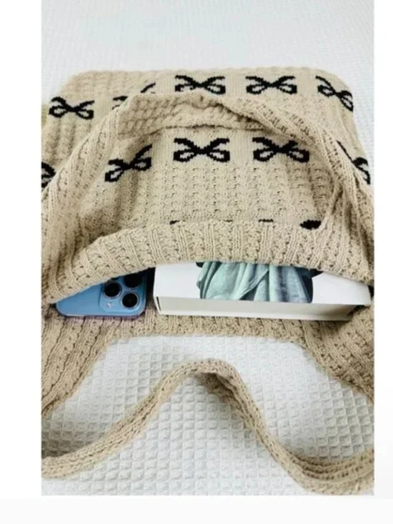 Zenana Coquette Bow Knit Tote Bag Crochet Ribbon Shoulder Bag - Picture 2 of 4